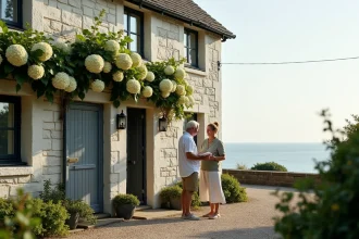 Couple consultant des documents immobiliers devant une maison en bord de mer en Normandie avec vue sur la Manche