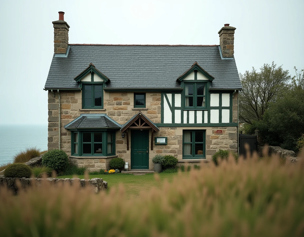 Maison normande à colombages en bord de mer avec vue sur la Manche et panneau immobilier