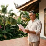 Investisseur étranger examinant des documents immobiliers devant une villa moderne en Thaïlande entourée de végétation tropicale