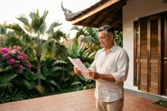 Investisseur étranger examinant des documents immobiliers devant une villa moderne en Thaïlande entourée de végétation tropicale