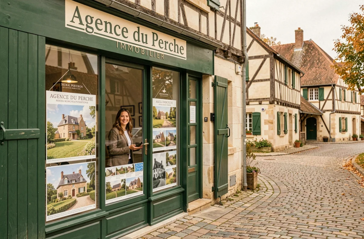 Vitrine de l'Agence du Perche Immobilier dans un village normand avec des annonces de manoirs et fermes percheron en devanture
