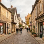 Vue d'une rue normande dans l'Orne avec des vitrines d'agences immobilières et des panneaux À Vendre sur des façades en pierre