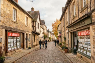 Vue d'une rue normande dans l'Orne avec des vitrines d'agences immobilières et des panneaux À Vendre sur des façades en pierre