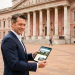 Agent immobilier professionnel devant le Capitole de Toulouse tenant une tablette avec des annonces immobilières