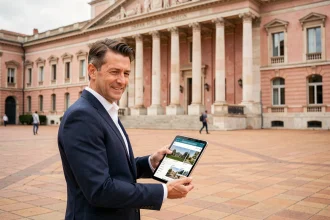 Agent immobilier professionnel devant le Capitole de Toulouse tenant une tablette avec des annonces immobilières