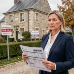 Agent immobilière tenant une estimation de prix devant une maison à vendre en Loire-Atlantique 44