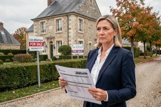 Agent immobilière tenant une estimation de prix devant une maison à vendre en Loire-Atlantique 44