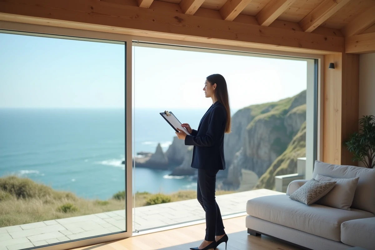 Agent immobilière inspectant une maison vue mer contemporaine en Bretagne avec grandes baies vitrées donnant sur la côte atlantique rocheuse
