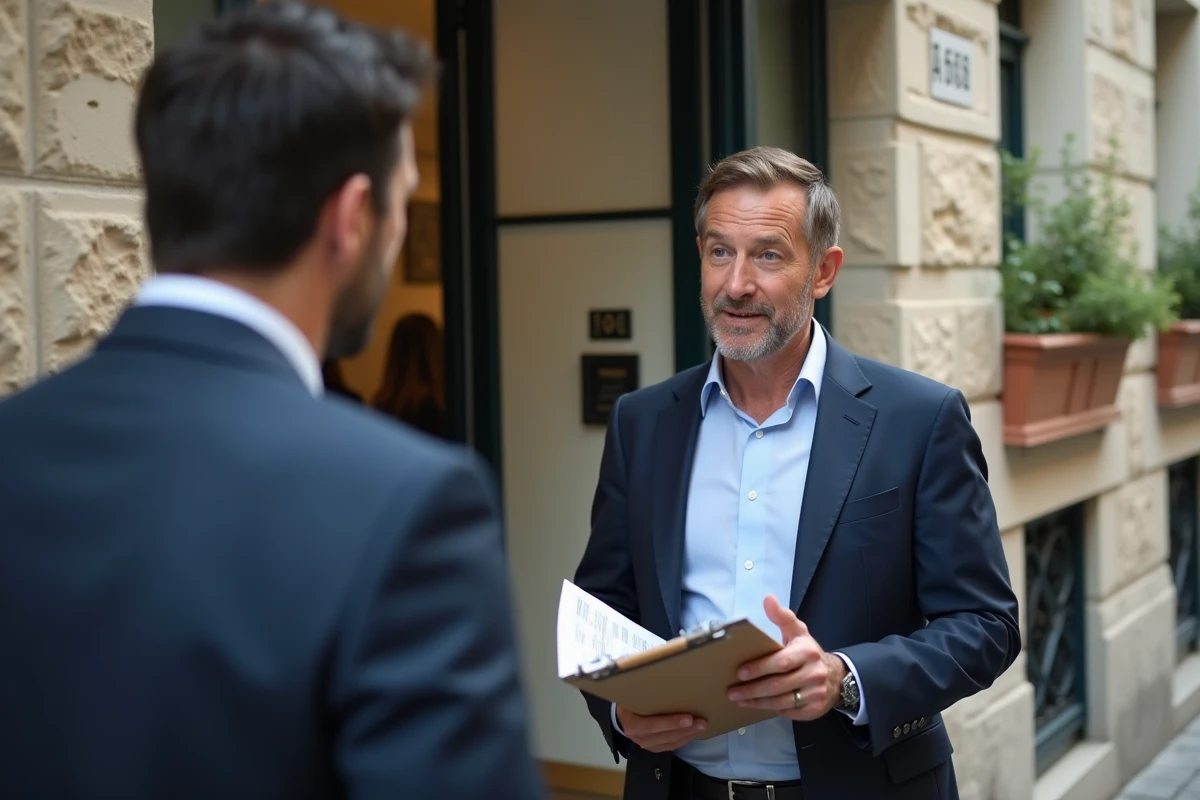 Agent immobilier présentant un bien locatif en zone tendue dans une rue parisienne