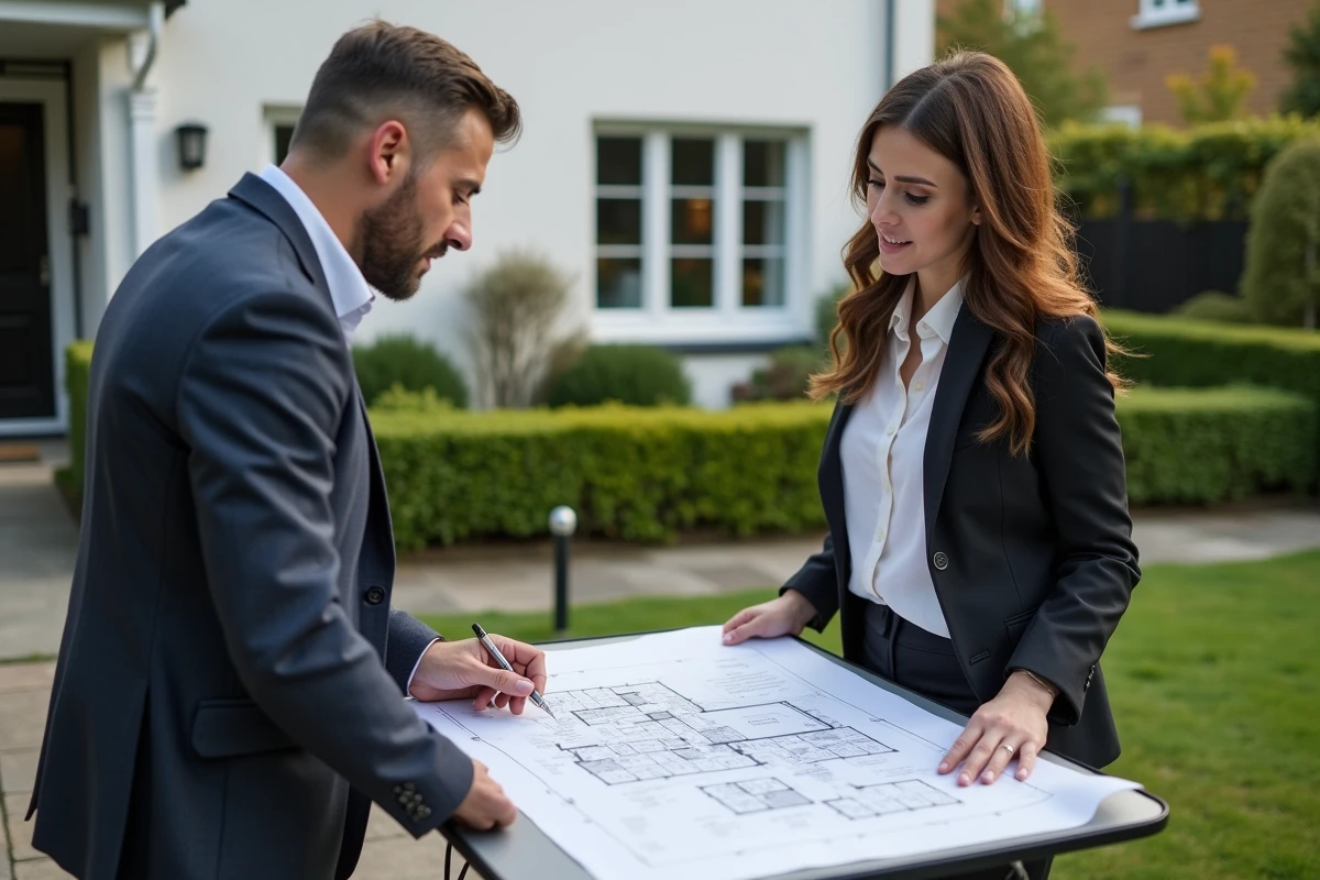 Agent immobilier expliquant la conversion d'ares en mètres carrés sur un plan cadastral dans un jardin