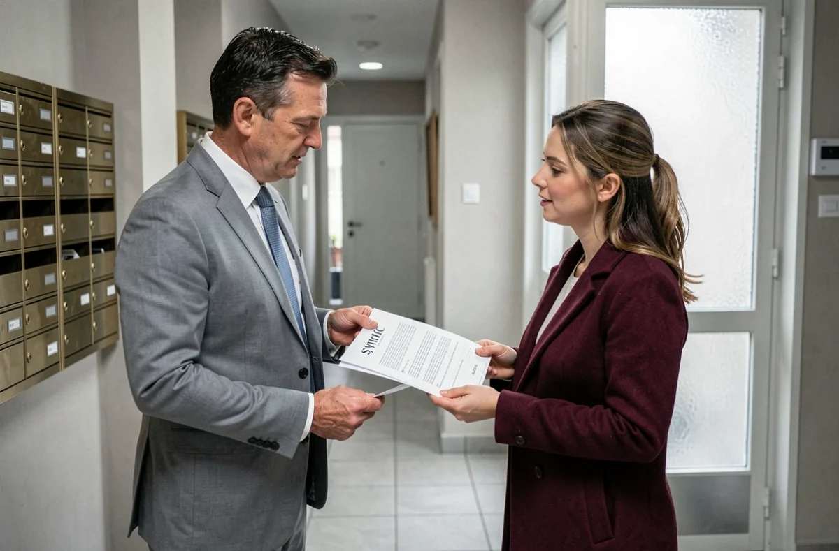 Agent immobilier et cliente discutant d'un document de pré-état daté dans le couloir d'un immeuble résidentiel français