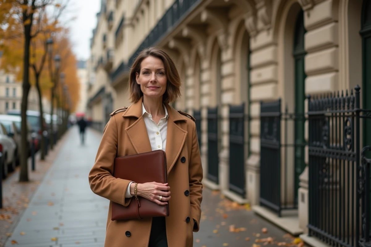 Femme agent immobilier de luxe devant un immeuble haussmannien à Paris tenant un portfolio en cuir