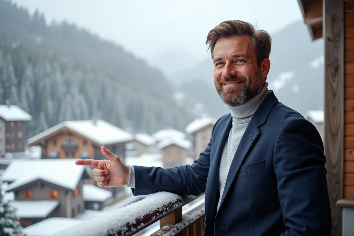 Agent immobilier présentant un appartement en vente avec gestion locative sur la terrasse d'une résidence alpine aux Menuires