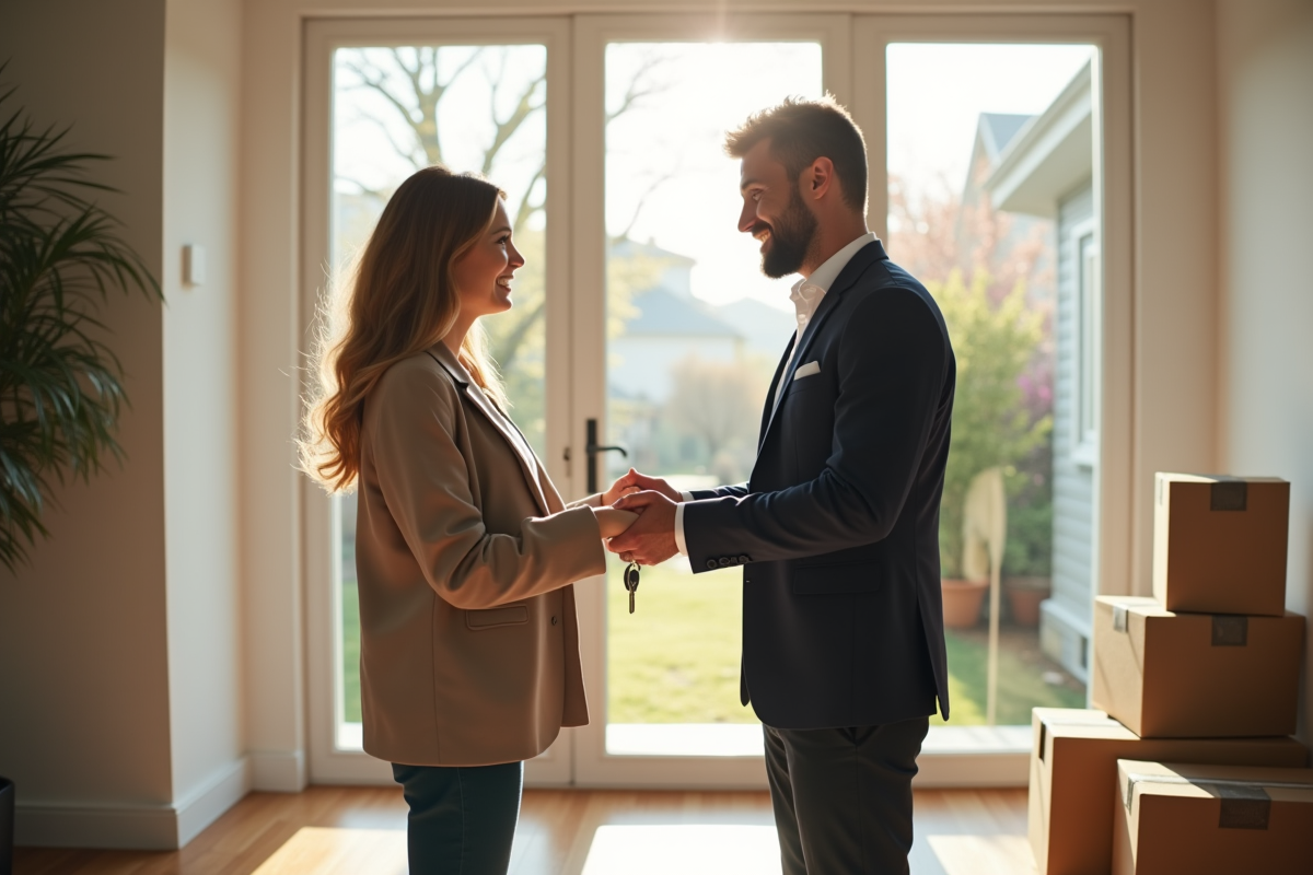 Agent immobilier donnant les clés à un locataire souriant