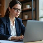 Agente immobilière IAD consultant le Play IAD intranet sur son ordinateur portable dans un bureau à domicile moderne