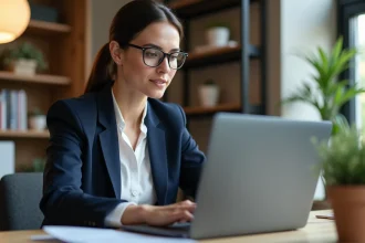 Agente immobilière IAD consultant le Play IAD intranet sur son ordinateur portable dans un bureau à domicile moderne