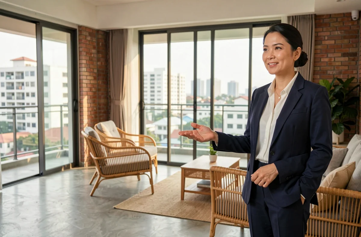 Agente immobilière thaïlandaise présentant un appartement meublé à louer à Bangkok avec vue sur la ville