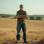 Agriculteur mesurant visuellement la superficie de son champ en ares et mètres carrés dans la campagne
