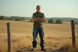 Agriculteur mesurant visuellement la superficie de son champ en ares et mètres carrés dans la campagne