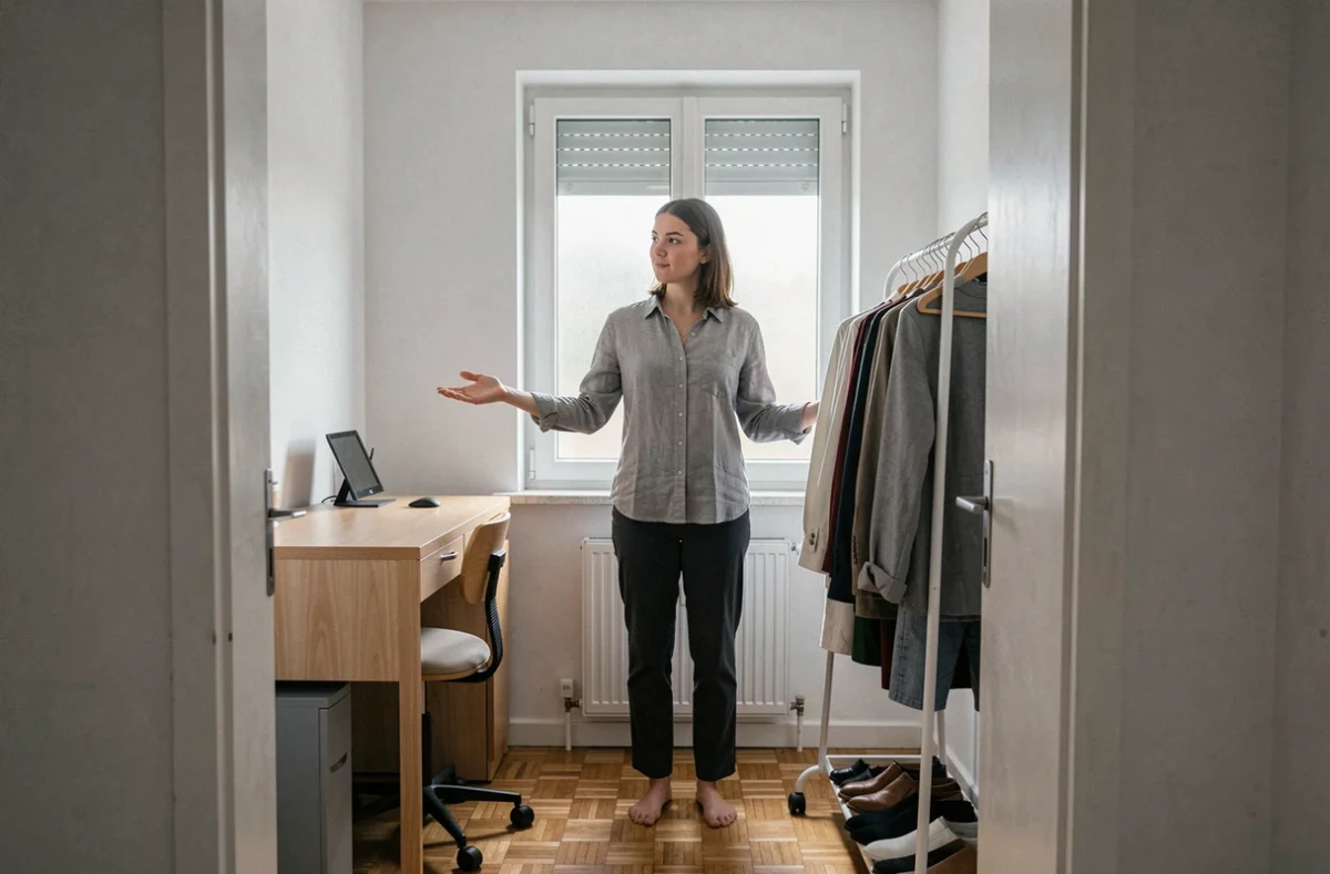 Femme hésitant entre aménager une petite chambre en bureau ou en dressing dans un appartement T3
