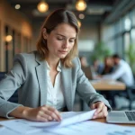 Professionnelle de l'immobilier analysant des avis clients imprimés dans une agence moderne