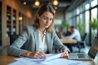 Professionnelle de l'immobilier analysant des avis clients imprimés dans une agence moderne