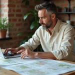Homme analysant des documents cadastraux et une plateforme d'achat de terrain sur ordinateur dans un bureau moderne