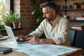 Homme analysant des documents cadastraux et une plateforme d'achat de terrain sur ordinateur dans un bureau moderne
