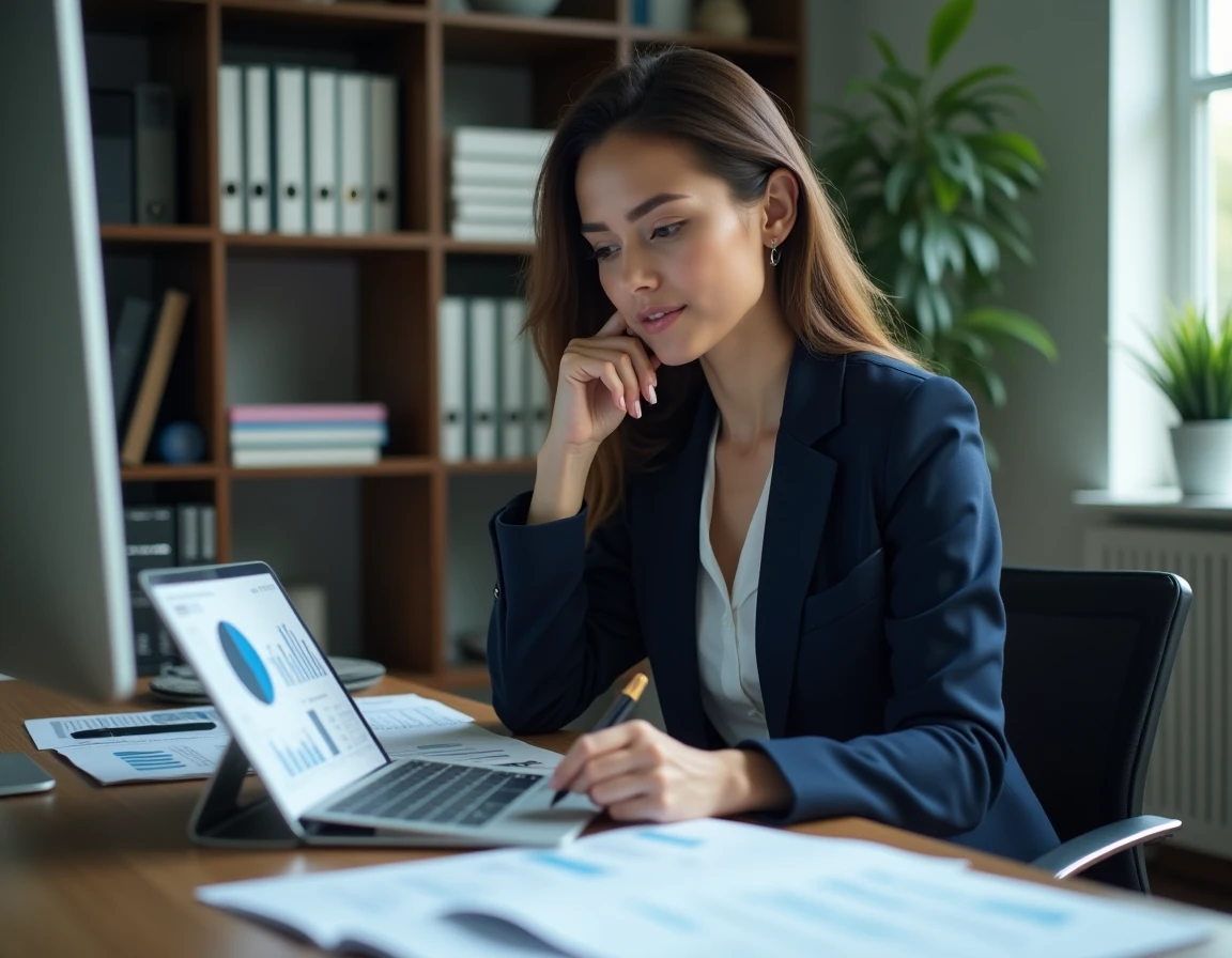 Femme d'affaires analysant des rapports financiers pour repérer les indicateurs de fiabilité d'un partenaire B2B
