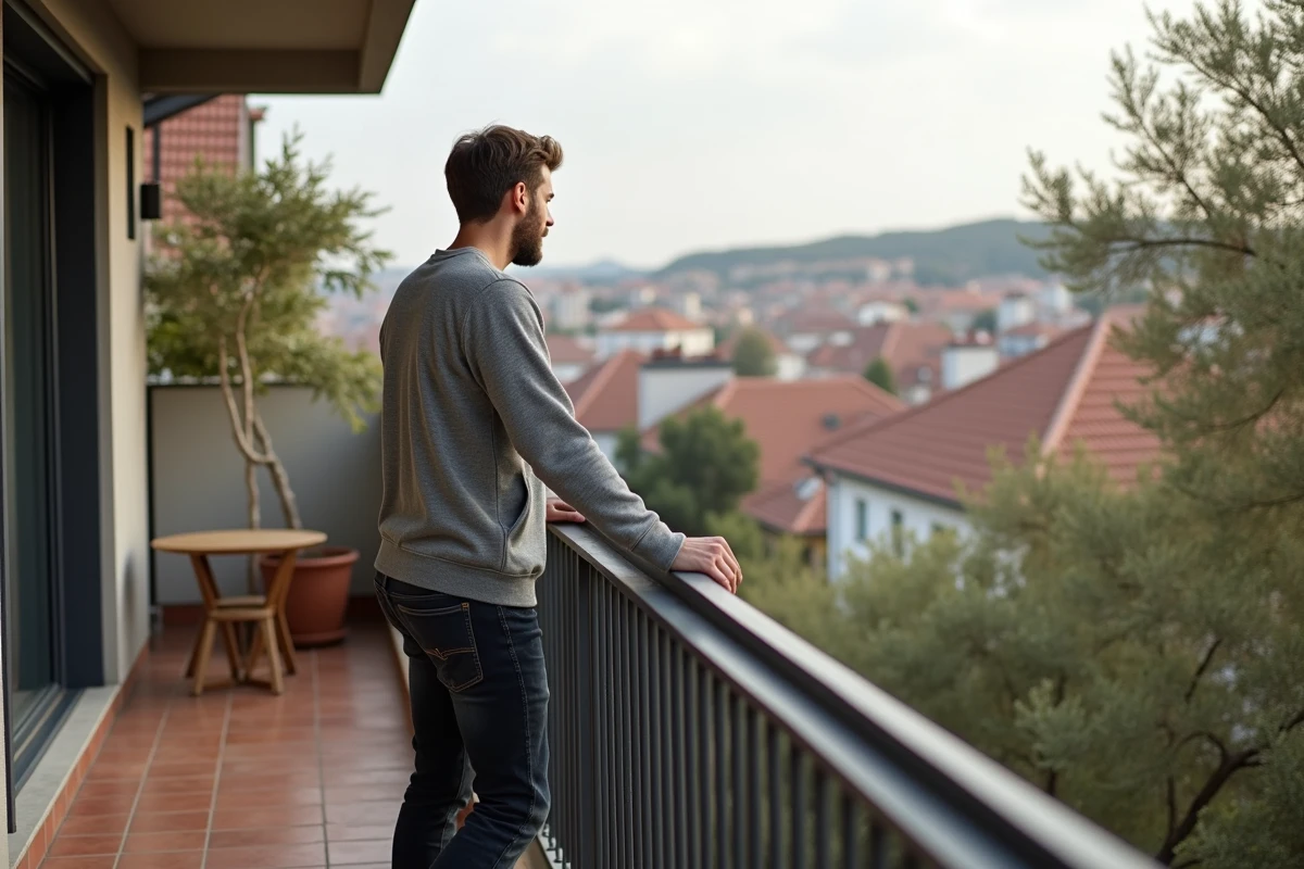 Homme sur le balcon d'un appartement T3 en ville, avec vue sur les toits et mobilier extérieur compact
