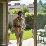 Femme sortant sur la terrasse rez-de-jardin d'un appartement T3, avec espace extérieur privatif et pelouse