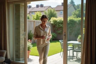 Femme sortant sur la terrasse rez-de-jardin d'un appartement T3, avec espace extérieur privatif et pelouse