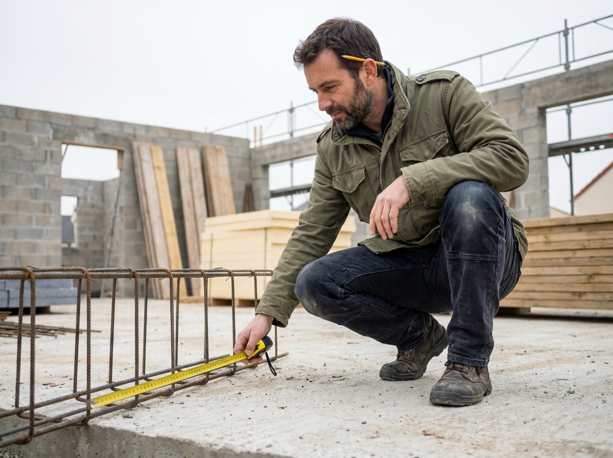 Architecte inspectant les fondations d'une maison en construction près de Rennes en Ille-et-Vilaine