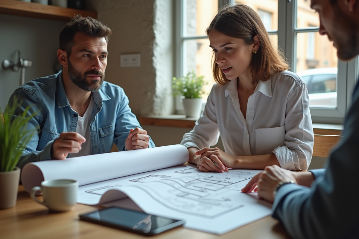 Architecte expliquant plans de renovation à un propriétaire à la table