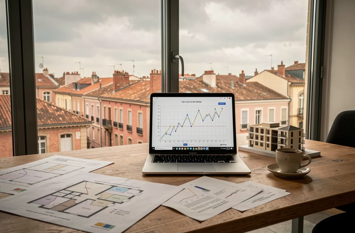 Bureau d'agence immobilière à Toulouse avec plans, ordinateur et vue sur les toits du quartier du Capitole