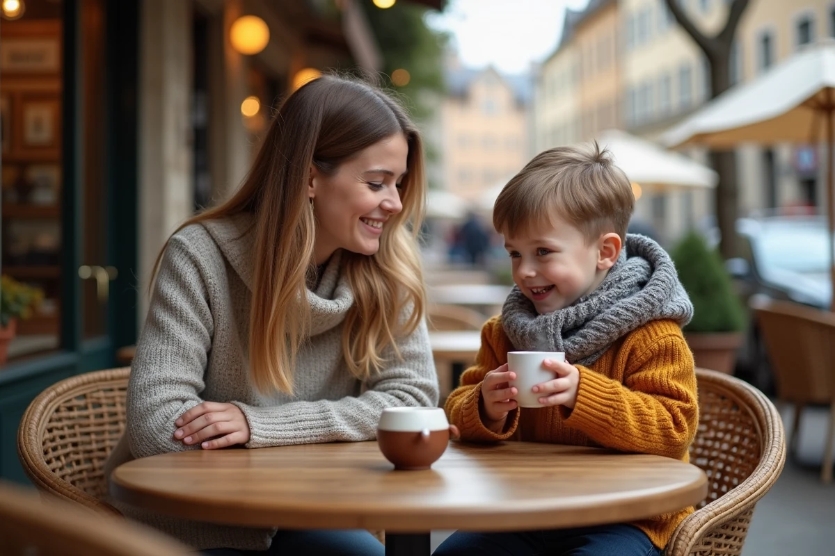 Maman et enfant au café dans le centre historique