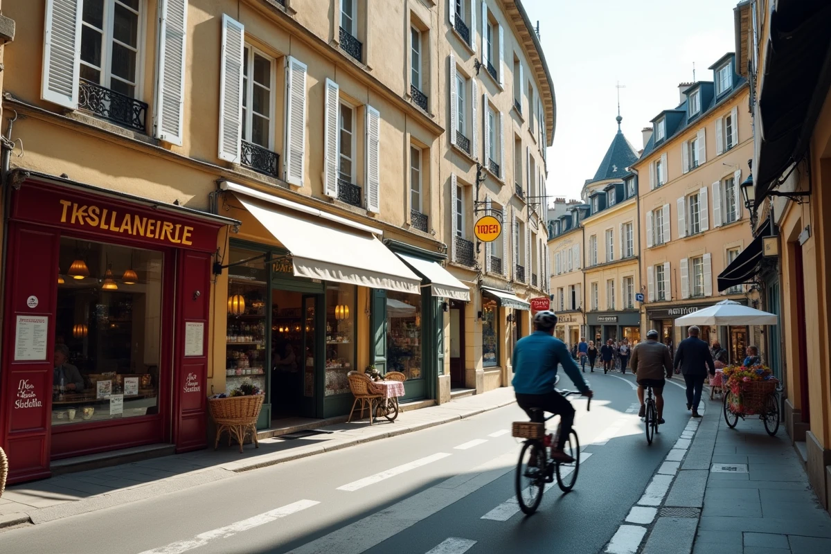 Rue commerçante animée du centre-ville de La Roche-sur-Yon avec immeubles résidentiels et commerces de proximité