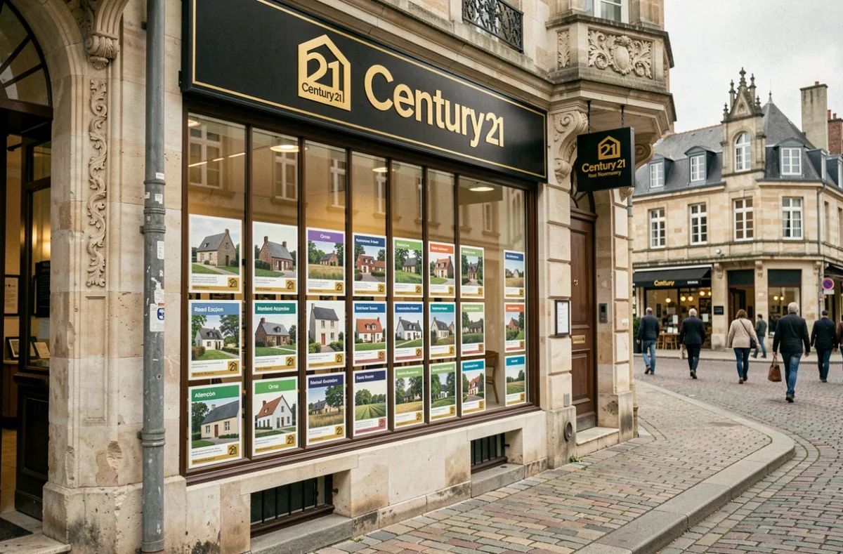 Agence Century 21 Alençon avec sa vitrine de biens immobiliers et son enseigne dorée sur une façade en pierre normande