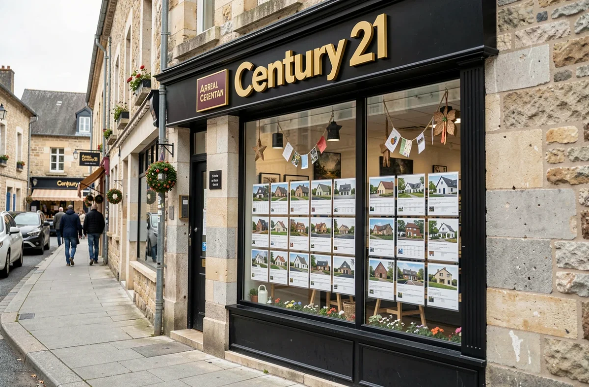 Devanture de l'agence Century 21 Argentan avec ses panneaux dorés et noirs et une vitrine d'annonces immobilières normandes