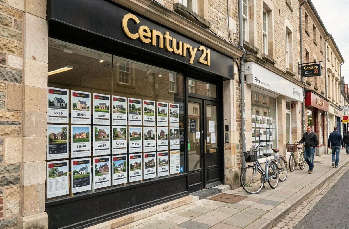 Façade de l'agence Century 21 Flers avec l'enseigne noire et dorée et des fiches de propriétés normandes en vitrine
