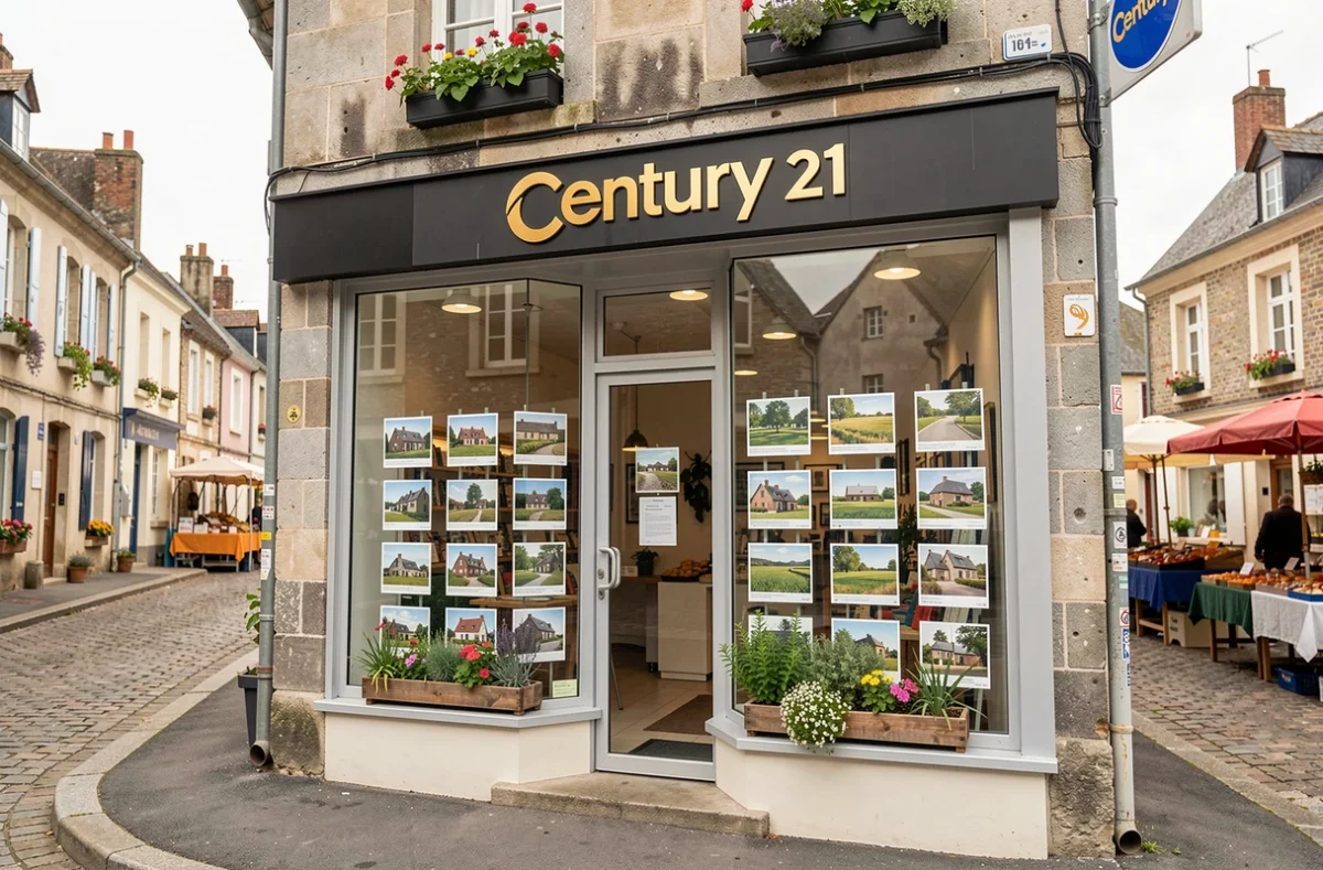 Vitrine de l'agence Century 21 L'Aigle dans une rue normande avec des annonces de propriétés rurales de l'Orne