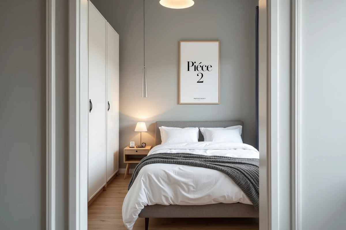 Chambre d'un appartement T2 avec lit double et placard intégré, représentant la deuxième pièce d'un logement deux-pièces