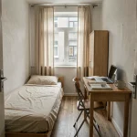 Petite chambre étudiante de moins de 9m2 avec un bureau étroit, un lit simple et une fenêtre donnant sur une cour urbaine