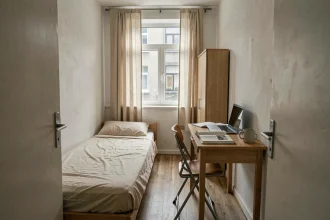 Petite chambre étudiante de moins de 9m2 avec un bureau étroit, un lit simple et une fenêtre donnant sur une cour urbaine
