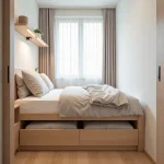 Petite chambre de 9 m² optimisée avec lit gigogne, bureau mural rabattable et rangements intégrés sous le lit