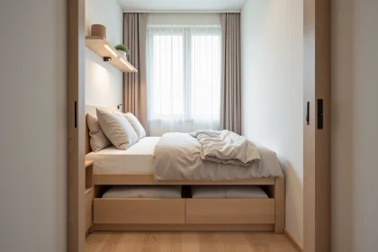 Petite chambre de 9 m² optimisée avec lit gigogne, bureau mural rabattable et rangements intégrés sous le lit
