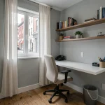 Petite chambre de moins de 9m2 transformée en bureau moderne avec bureau flottant blanc et étagères en bois