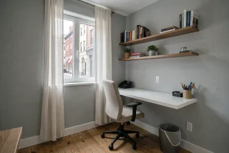 Petite chambre de moins de 9m2 transformée en bureau moderne avec bureau flottant blanc et étagères en bois