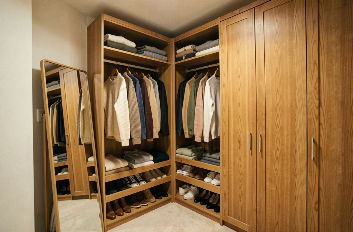 Chambre de moins de 9m2 aménagée en dressing avec armoires encastrées en chêne et miroir pleine longueur