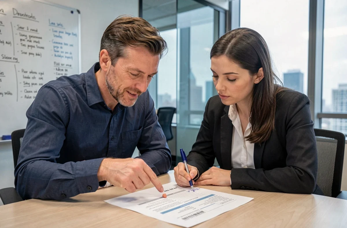 Deux professionnels de l'immobilier analysant ensemble un pré état daté en salle de réunion